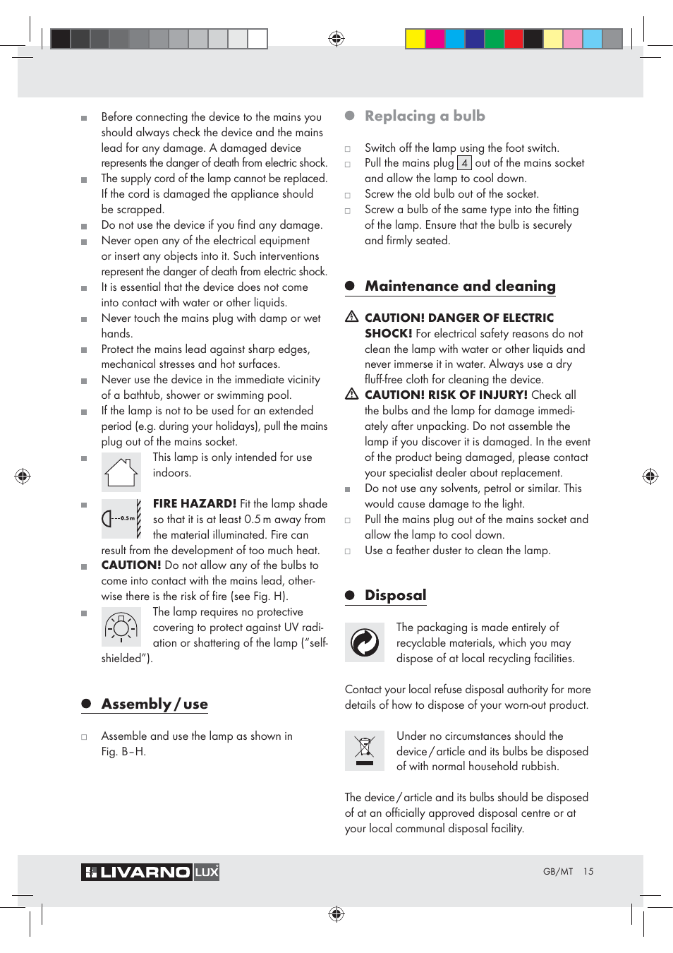 Assembly / use, Replacing a bulb, Maintenance and cleaning | Disposal | Livarno Z31050..-BS User Manual | Page 15 / 20