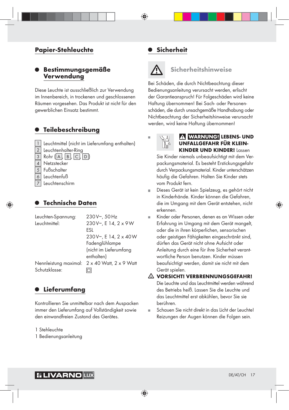 Papier-stehleuchte bestimmungsgemäße verwendung, Teilebeschreibung, Technische daten | Lieferumfang, Sicherheit sicherheitshinweise | Livarno Z31050..-BS User Manual | Page 17 / 20