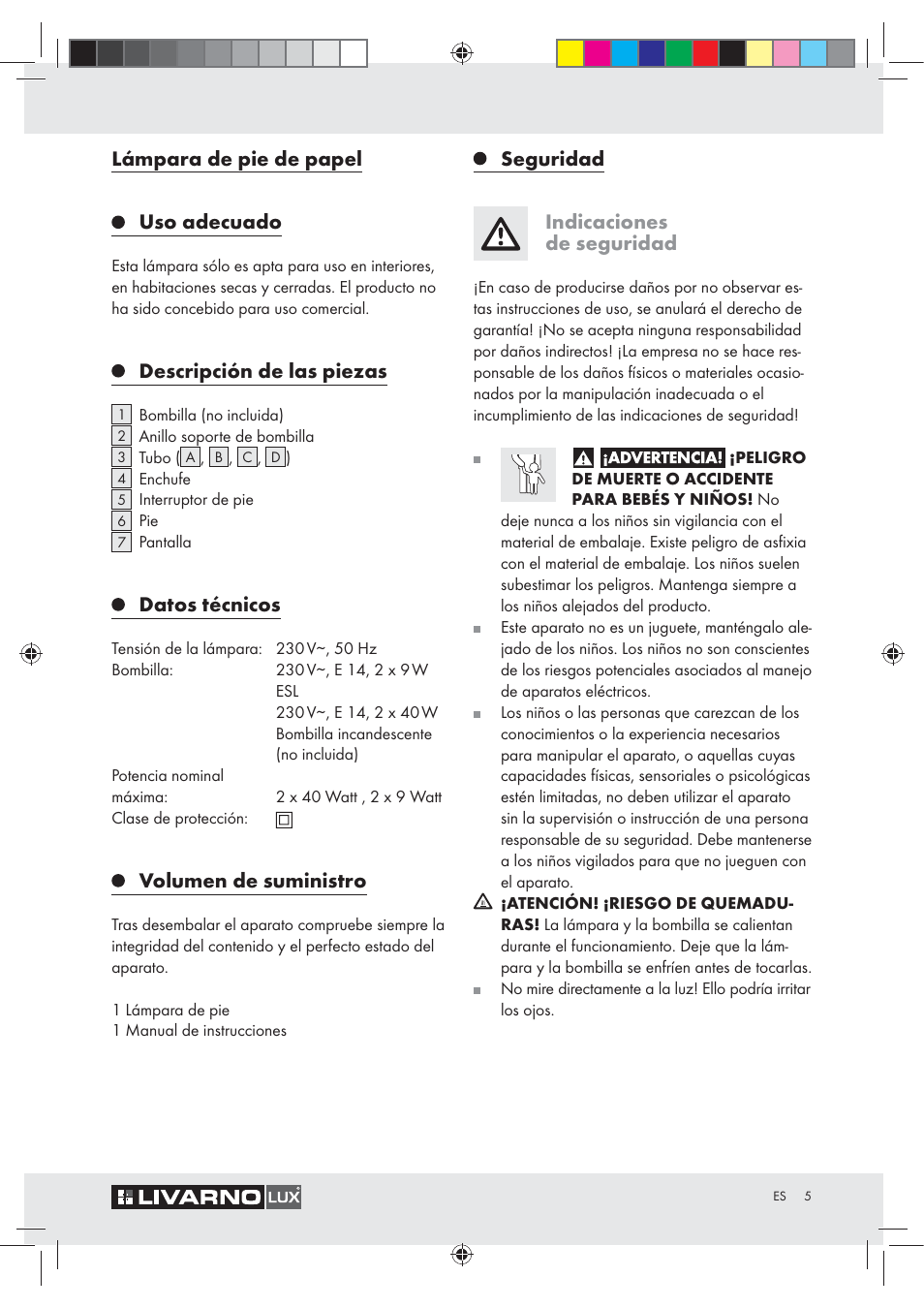 Lámpara de pie de papel uso adecuado, Descripción de las piezas, Datos técnicos | Volumen de suministro, Seguridad indicaciones de seguridad | Livarno Z31050..-BS User Manual | Page 5 / 20