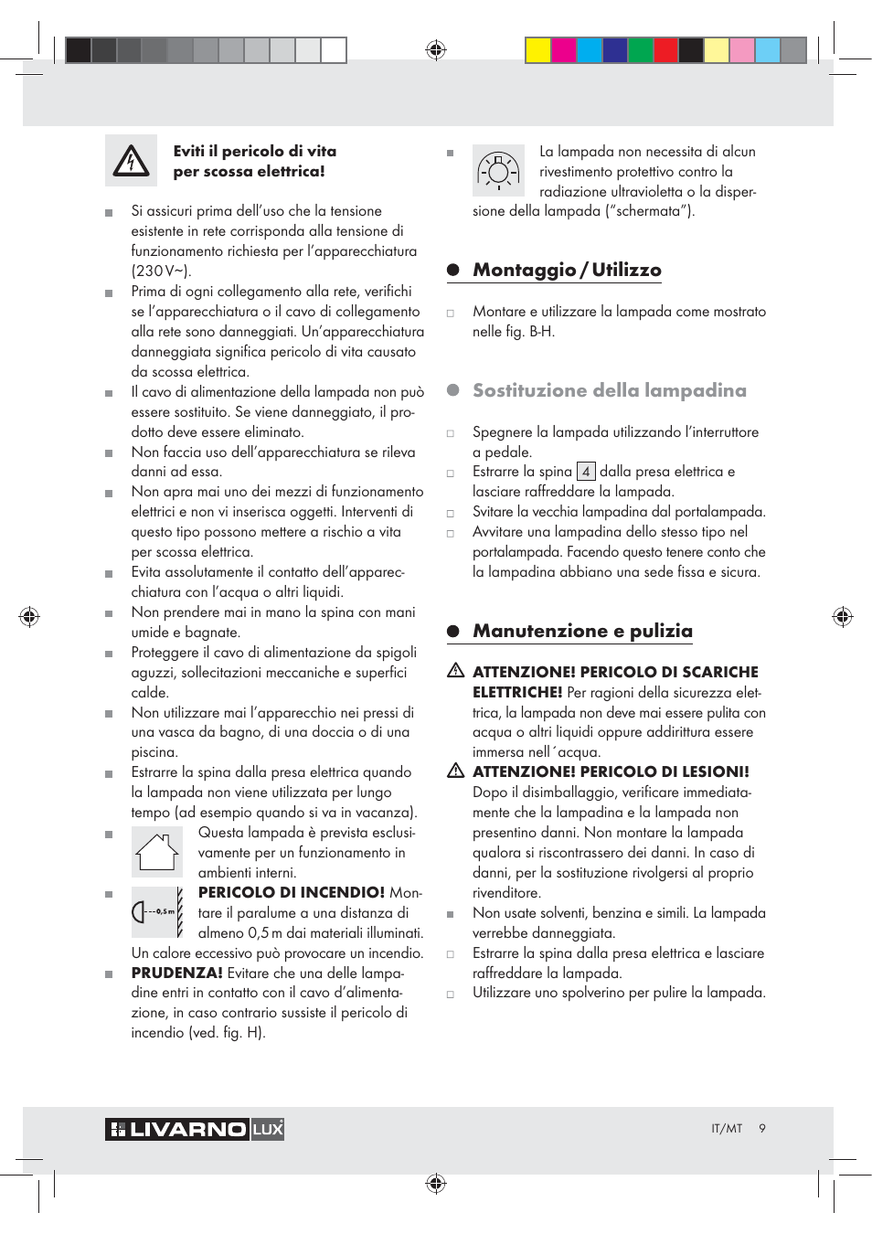 Montaggio / utilizzo, Sostituzione della lampadina, Manutenzione e pulizia | Livarno Z31050..-BS User Manual | Page 9 / 20