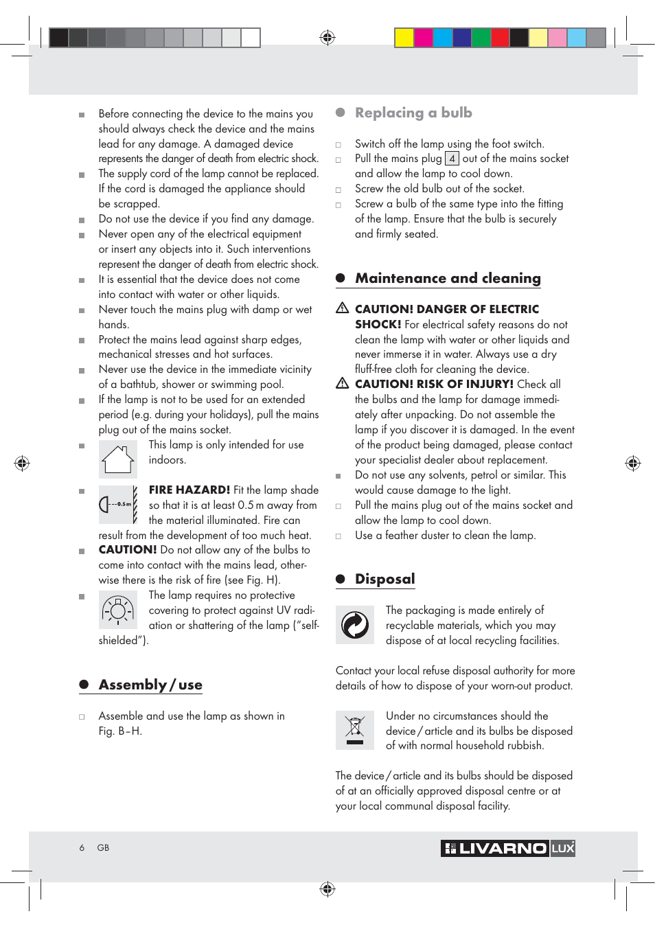 Assembly / use, Replacing a bulb, Maintenance and cleaning | Disposal | Livarno Z31050..-BS User Manual | Page 6 / 26