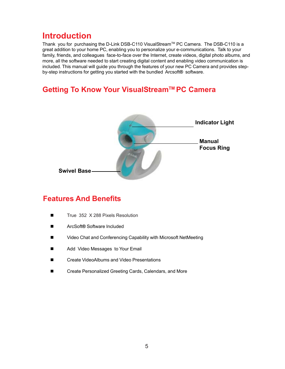 Introduction, Features and benefits, Getting to know your visualstream | Pc camera | D-Link DSB-C110 User Manual | Page 5 / 30