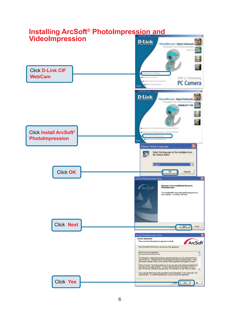 Installing arcsoft, Photoimpression and videoimpression | D-Link DSB-C110 User Manual | Page 6 / 30