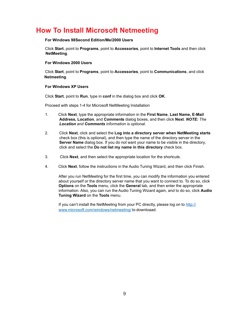 How to install microsoft netmeeting | D-Link DSB-C110 User Manual | Page 9 / 30