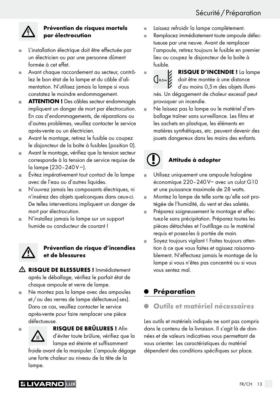 Sécurité / préparation, Préparation outils et matériel nécessaires | Livarno HALOGEN CEILING LIGHT User Manual | Page 13 / 37