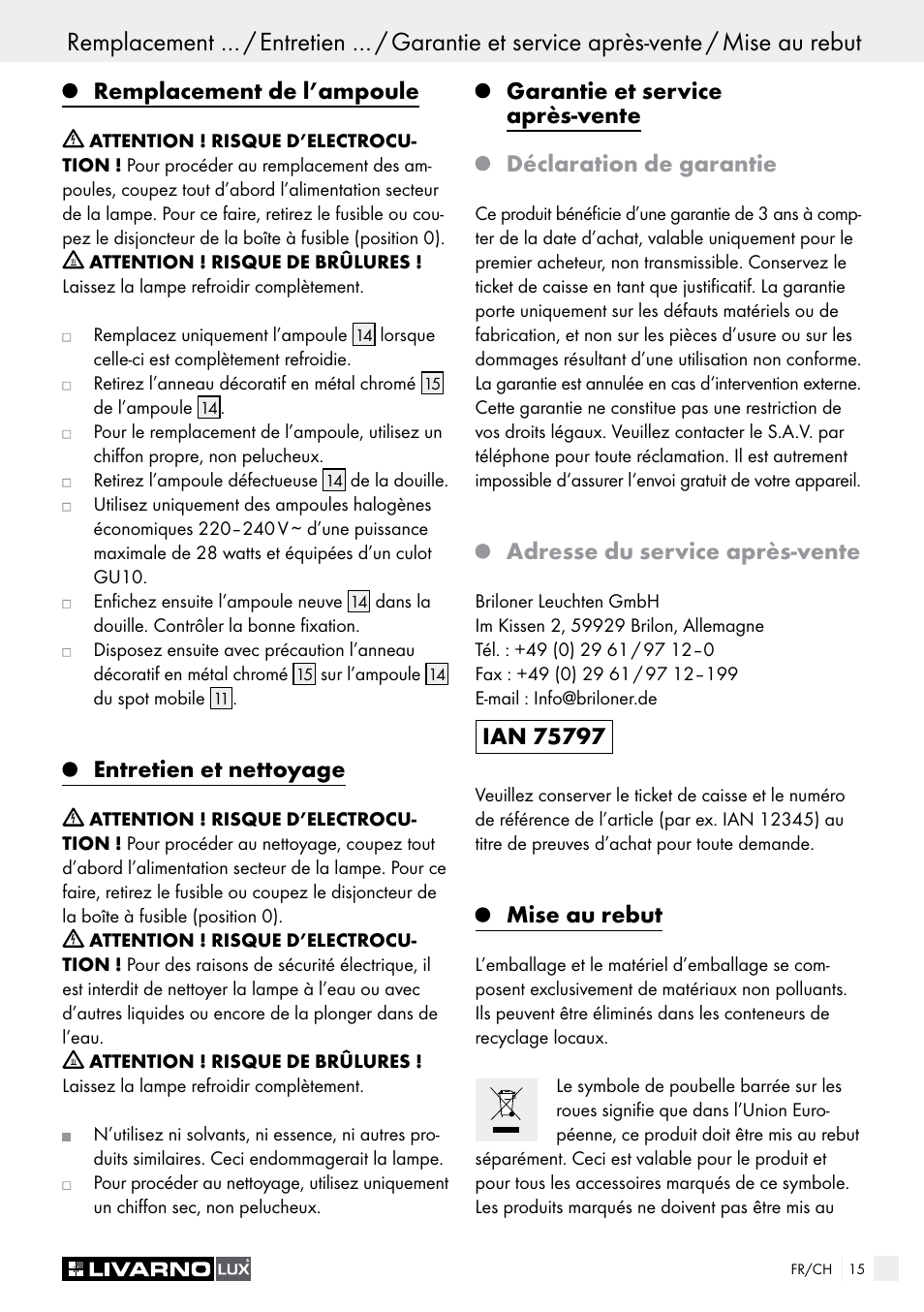 Remplacement de l’ampoule, Entretien et nettoyage, Adresse du service après-vente | Mise au rebut | Livarno HALOGEN CEILING LIGHT User Manual | Page 15 / 37