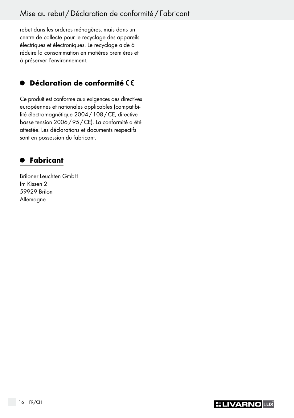 Déclaration de conformité, Fabricant | Livarno HALOGEN CEILING LIGHT User Manual | Page 16 / 37