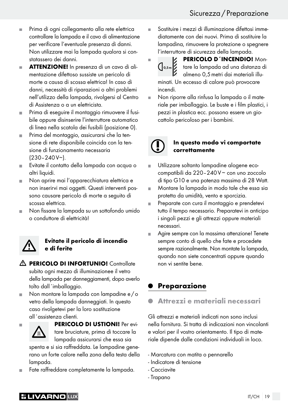 Sicurezza / preparazione, Preparazione attrezzi e materiali necessari | Livarno HALOGEN CEILING LIGHT User Manual | Page 19 / 37