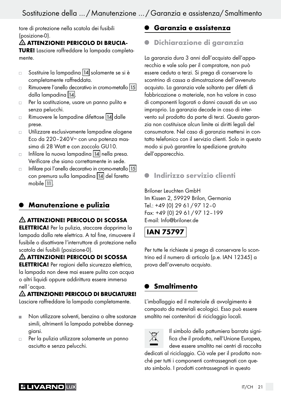 Manutenzione e pulizia, Garanzia e assistenza dichiarazione di garanzia, Indirizzo servizio clienti | Smaltimento | Livarno HALOGEN CEILING LIGHT User Manual | Page 21 / 37