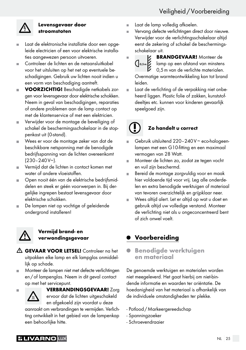 Veiligheid / voorbereiding, Voorbereiding benodigde werktuigen en materiaal | Livarno HALOGEN CEILING LIGHT User Manual | Page 25 / 37