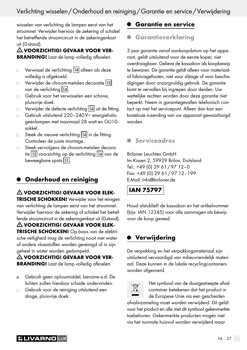 Onderhoud en reiniging, Garantie en service garantieverklaring, Serviceadres | Verwijdering | Livarno HALOGEN CEILING LIGHT User Manual | Page 27 / 37