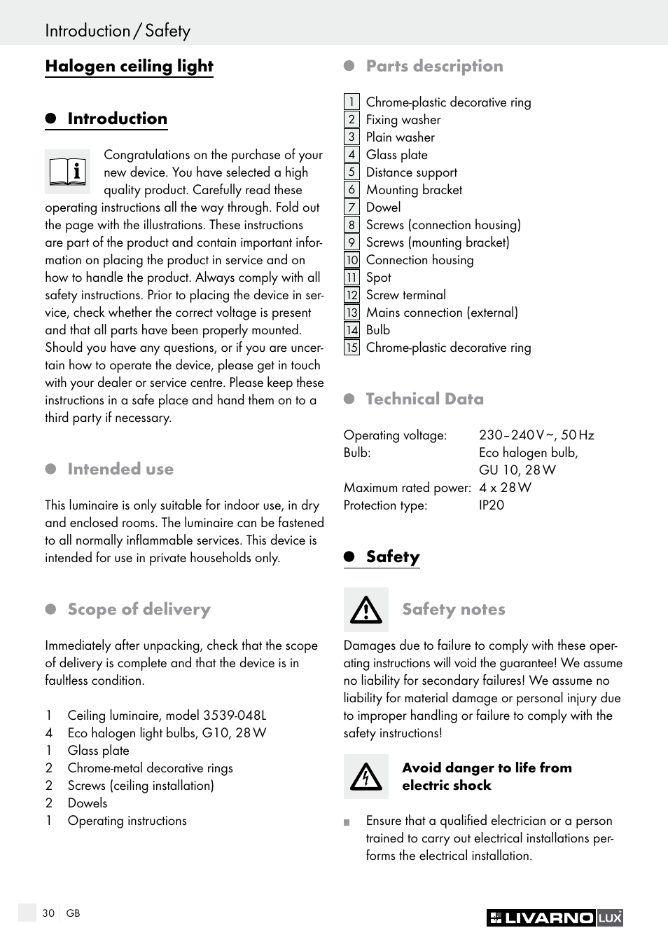 Introduction / safety, Halogen ceiling light introduction, Intended use | Scope of delivery, Parts description, Technical data | Livarno HALOGEN CEILING LIGHT User Manual | Page 30 / 37