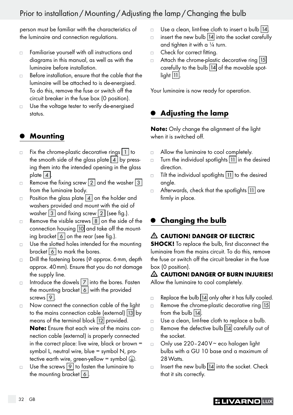 Mounting, Adjusting the lamp, Changing the bulb | Livarno HALOGEN CEILING LIGHT User Manual | Page 32 / 37