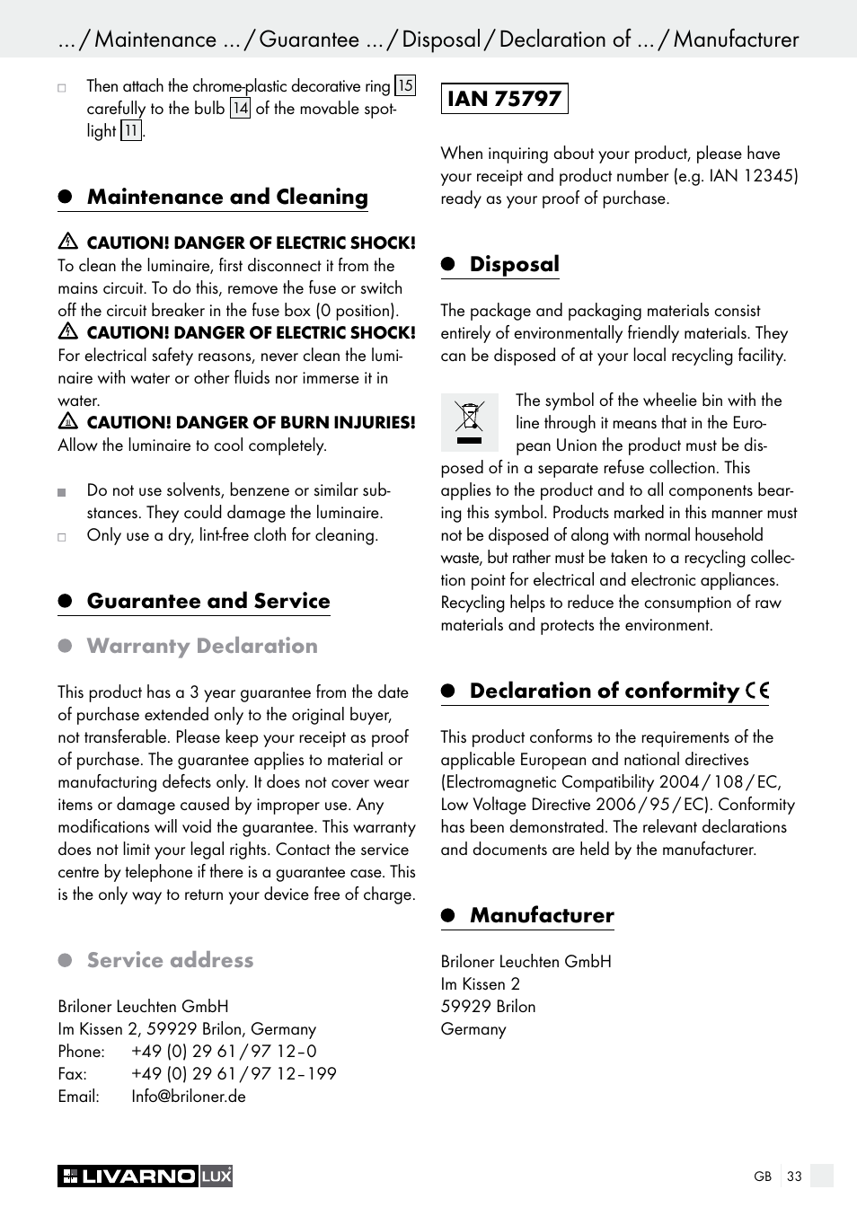 Maintenance and cleaning, Guarantee and service warranty declaration, Service address | Disposal, Declaration of conformity, Manufacturer | Livarno HALOGEN CEILING LIGHT User Manual | Page 33 / 37