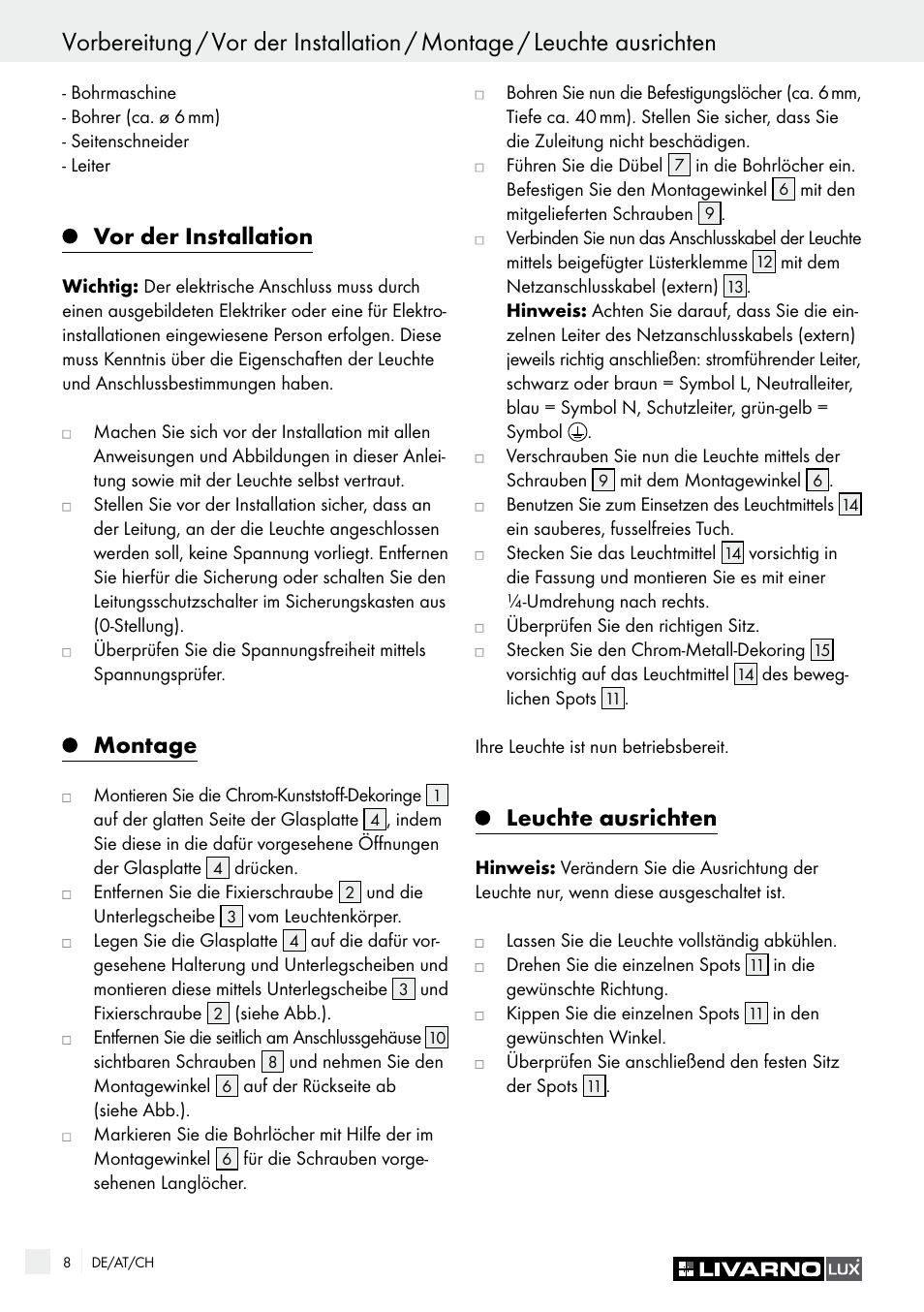 Vor der installation, Montage, Leuchte ausrichten | Livarno HALOGEN CEILING LIGHT User Manual | Page 8 / 37