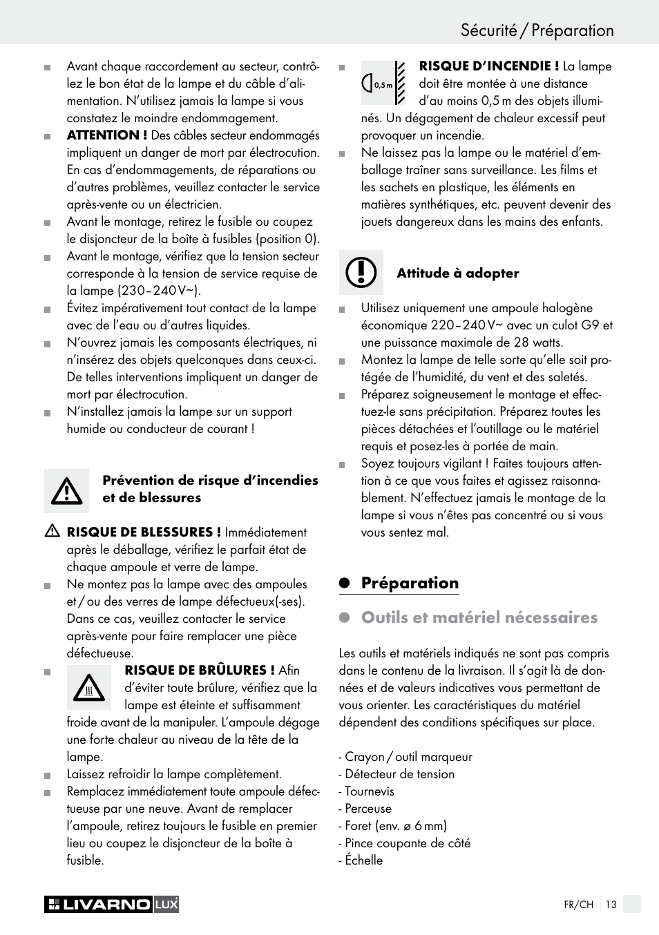 Sécurité / préparation, Préparation outils et matériel nécessaires | Livarno HALOGEN CEILING LIGHT User Manual | Page 13 / 37