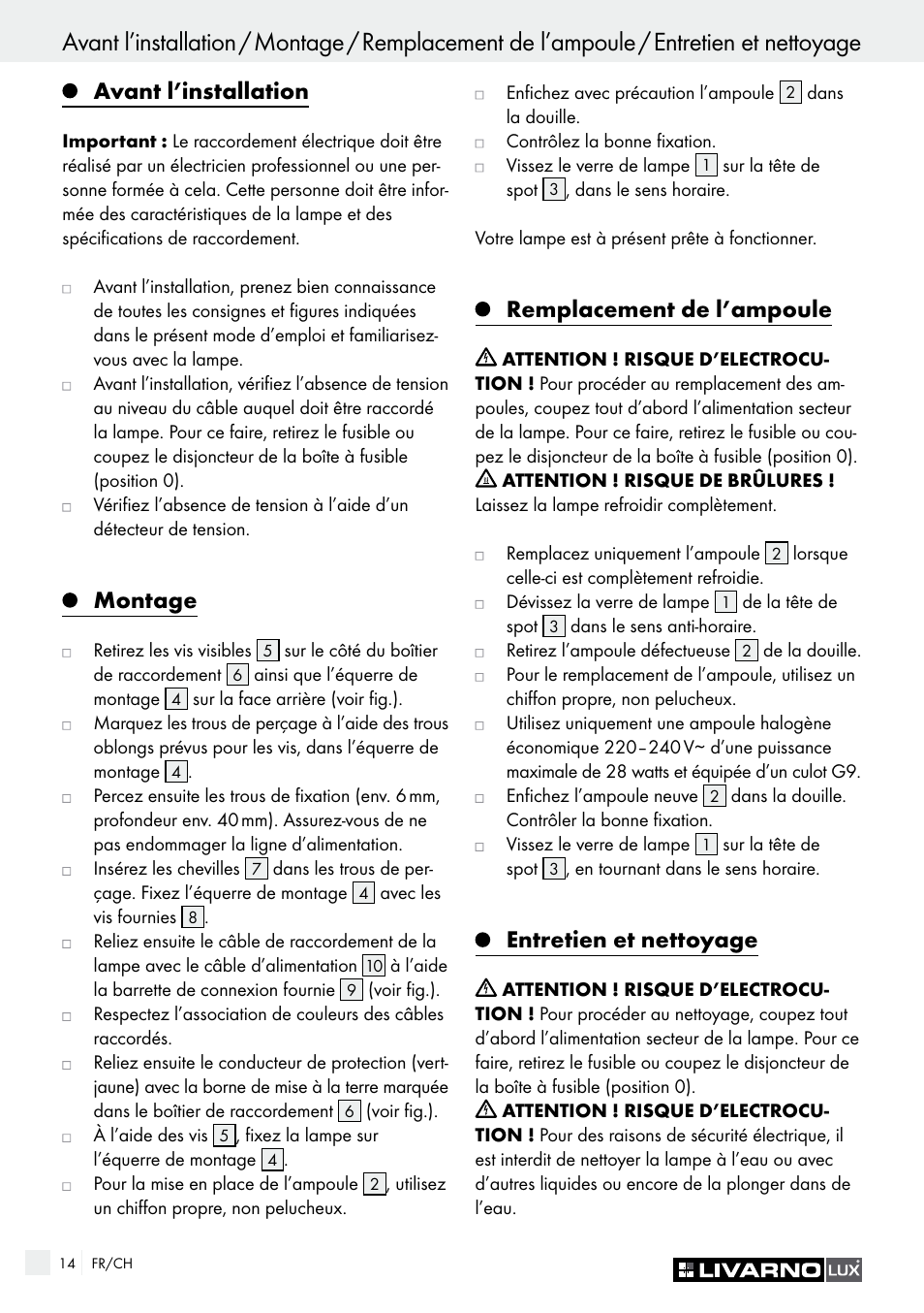 Avant l’installation, Montage, Remplacement de l’ampoule | Entretien et nettoyage | Livarno HALOGEN CEILING LIGHT User Manual | Page 14 / 37