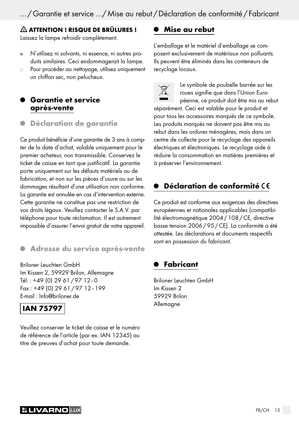 Adresse du service après-vente, Mise au rebut, Déclaration de conformité | Fabricant | Livarno HALOGEN CEILING LIGHT User Manual | Page 15 / 37