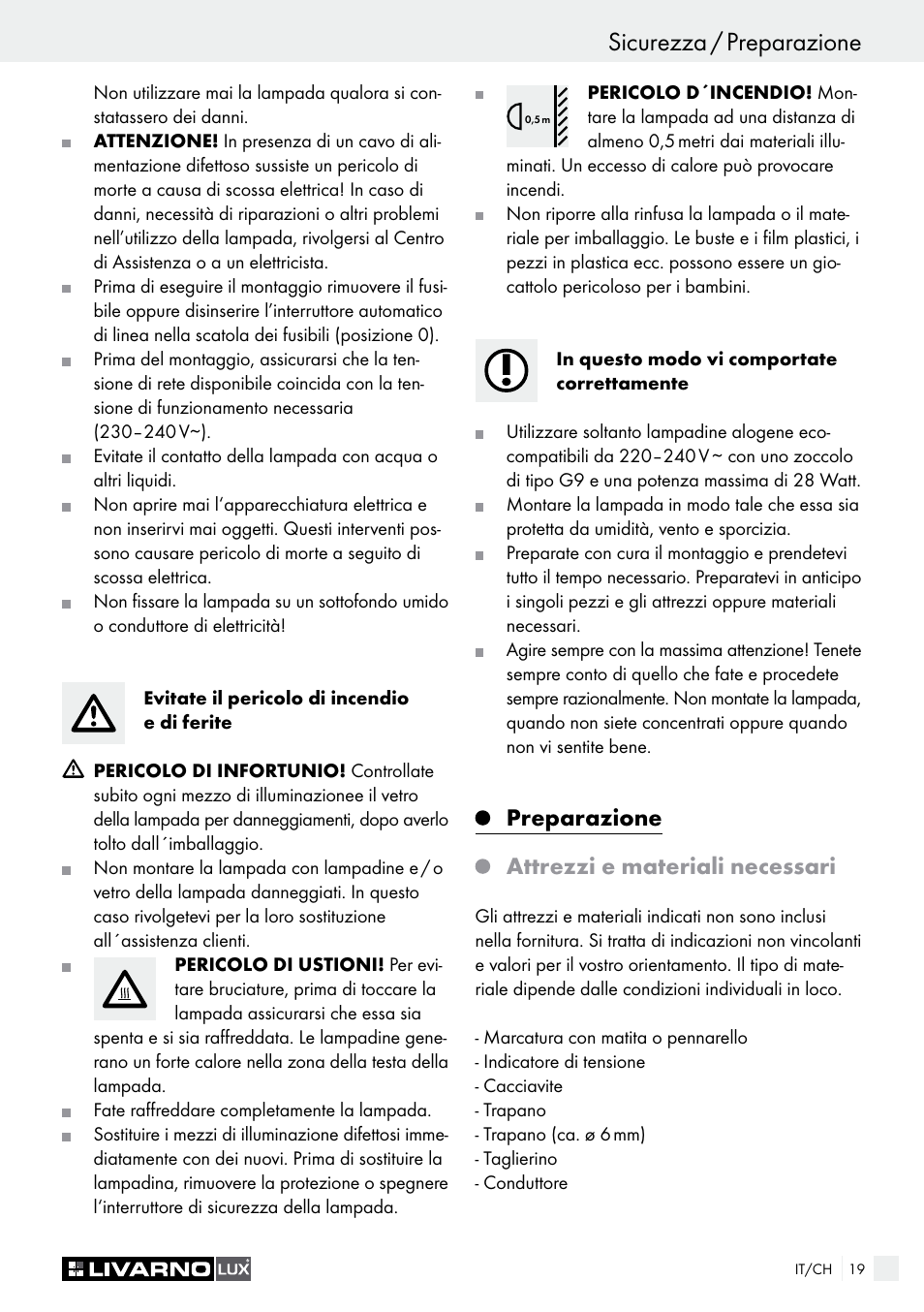 Sicurezza / preparazione, Preparazione attrezzi e materiali necessari | Livarno HALOGEN CEILING LIGHT User Manual | Page 19 / 37