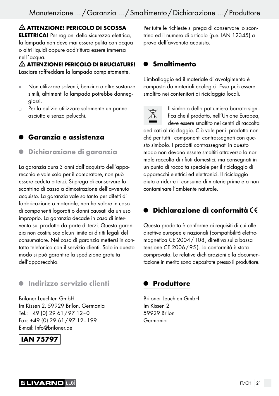 Garanzia e assistenza dichiarazione di garanzia, Indirizzo servizio clienti, Smaltimento | Dichiarazione di conformità, Produttore | Livarno HALOGEN CEILING LIGHT User Manual | Page 21 / 37