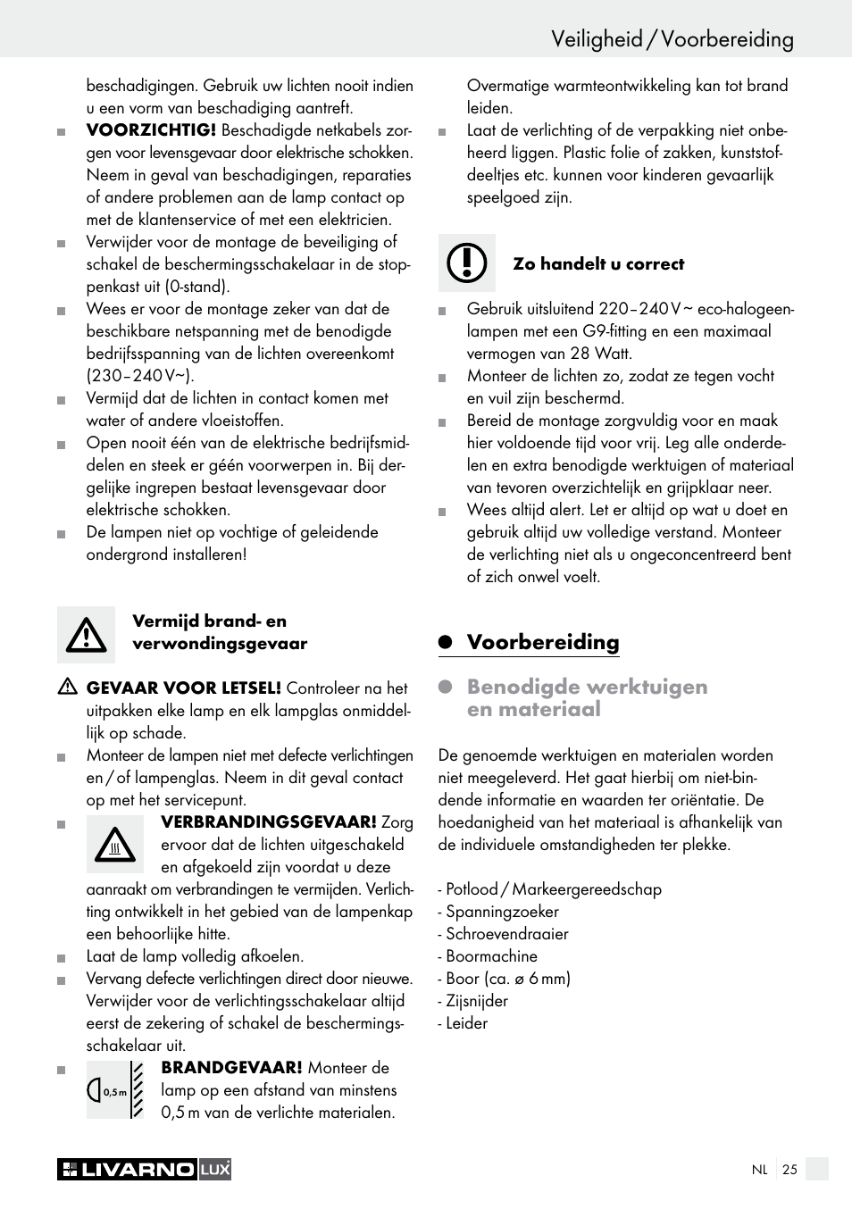 Veiligheid / voorbereiding, Voorbereiding benodigde werktuigen en materiaal | Livarno HALOGEN CEILING LIGHT User Manual | Page 25 / 37