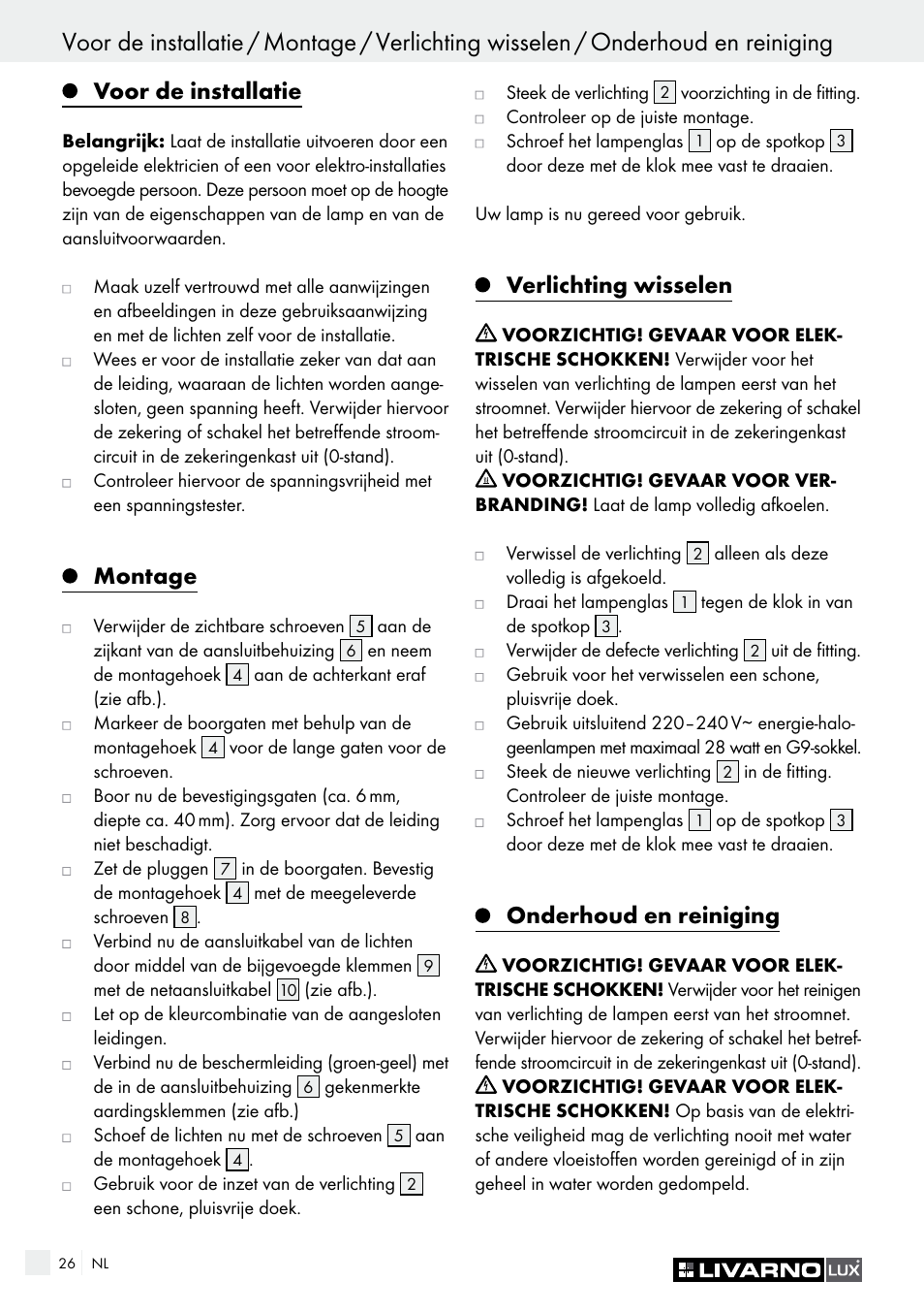 Voor de installatie, Montage, Verlichting wisselen | Onderhoud en reiniging | Livarno HALOGEN CEILING LIGHT User Manual | Page 26 / 37