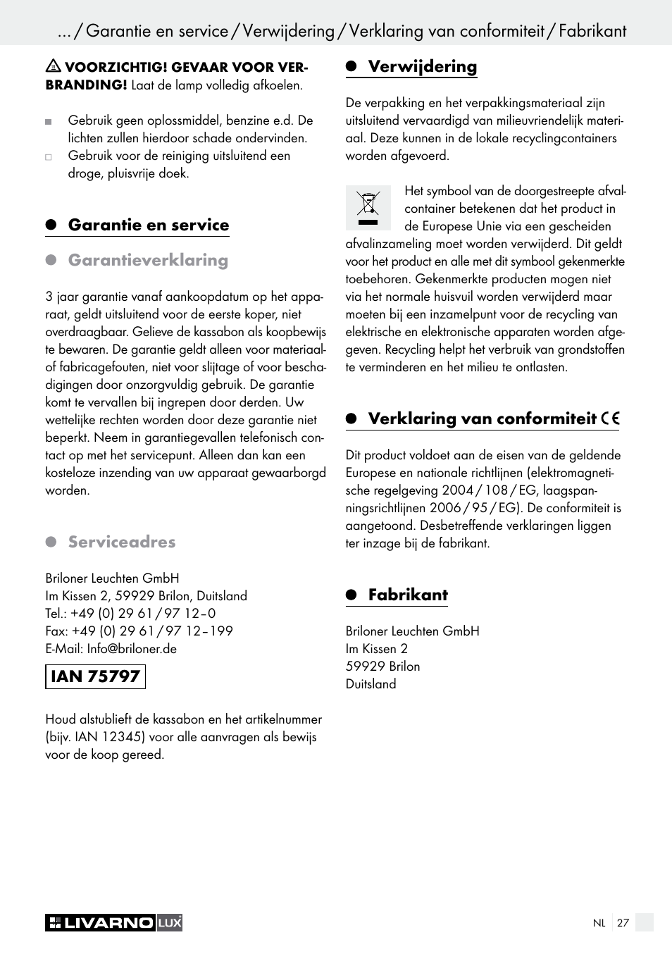 Garantie en service garantieverklaring, Serviceadres, Verwijdering | Verklaring van conformiteit, Fabrikant | Livarno HALOGEN CEILING LIGHT User Manual | Page 27 / 37