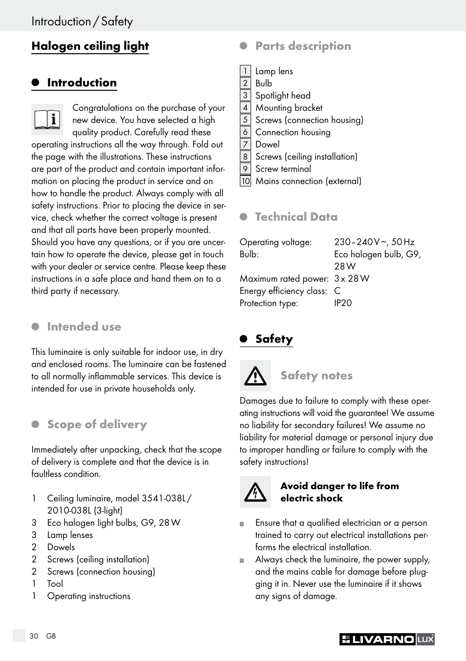 Introduction / safety, Halogen ceiling light introduction, Intended use | Scope of delivery, Parts description, Technical data | Livarno HALOGEN CEILING LIGHT User Manual | Page 30 / 37