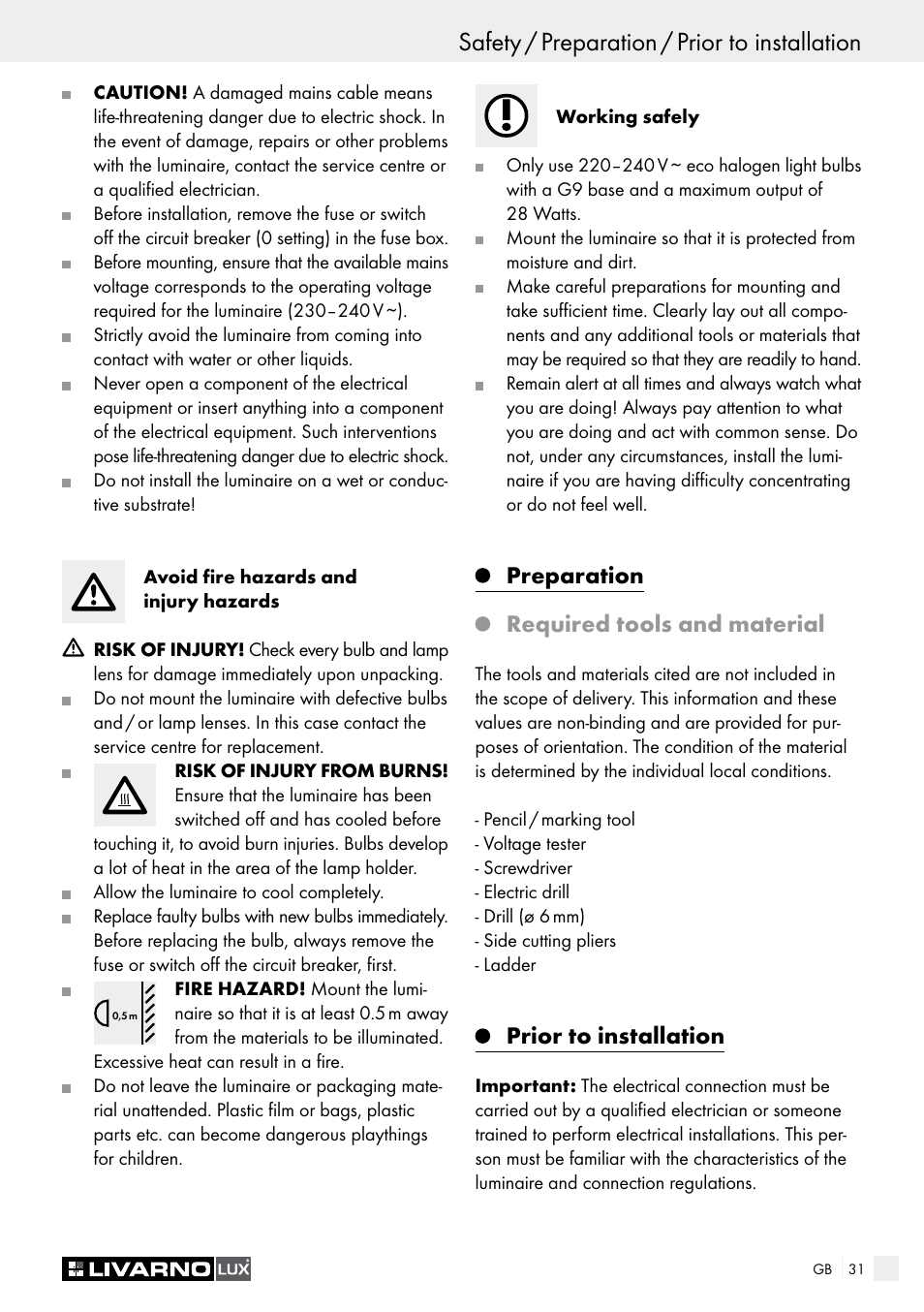 Safety / preparation / prior to installation, Preparation required tools and material, Prior to installation | Livarno HALOGEN CEILING LIGHT User Manual | Page 31 / 37