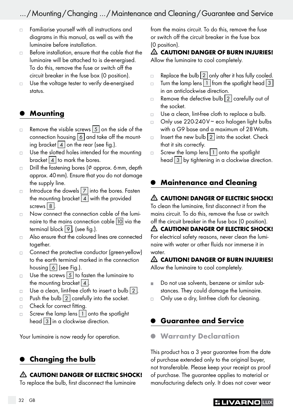 Mounting, Changing the bulb, Maintenance and cleaning | Guarantee and service warranty declaration | Livarno HALOGEN CEILING LIGHT User Manual | Page 32 / 37