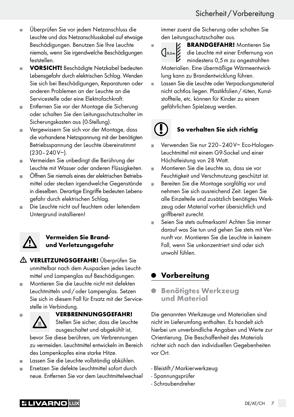 Sicherheit / vorbereitung, Vorbereitung, Benötigtes werkzeug und material | Livarno HALOGEN CEILING LIGHT User Manual | Page 7 / 37