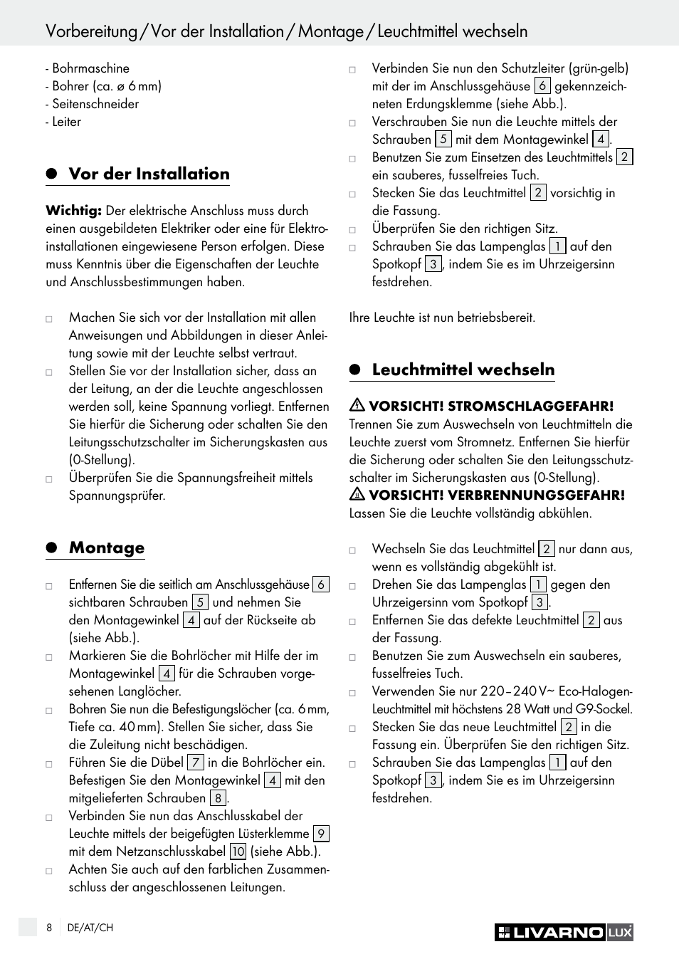 Vor der installation, Montage, Leuchtmittel wechseln | Livarno HALOGEN CEILING LIGHT User Manual | Page 8 / 37