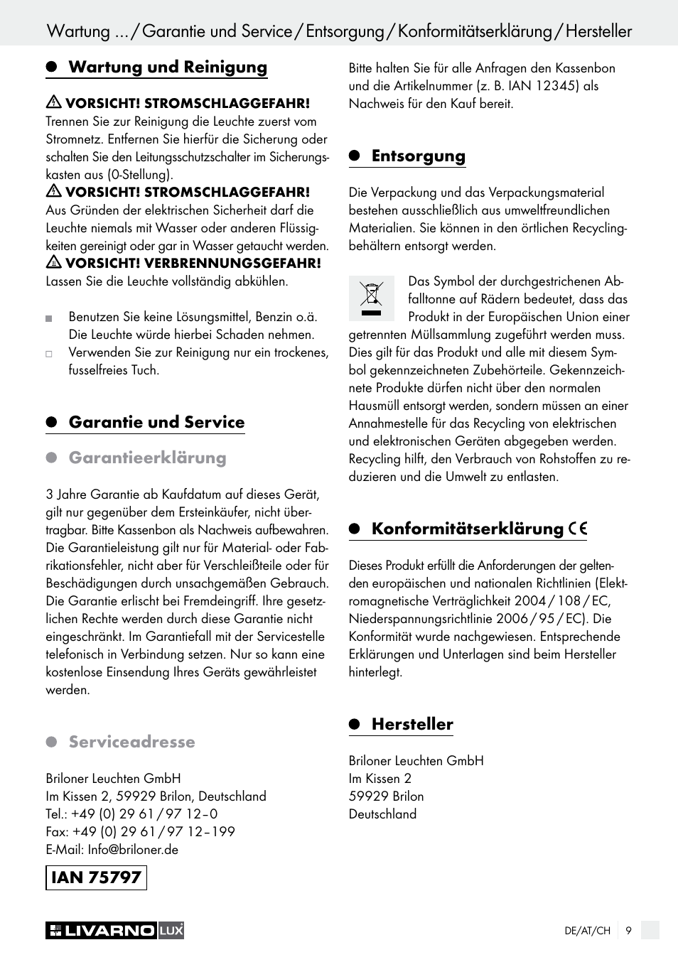 Wartung und reinigung, Garantie und service garantieerklärung, Serviceadresse | Entsorgung, Konformitätserklärung, Hersteller | Livarno HALOGEN CEILING LIGHT User Manual | Page 9 / 37