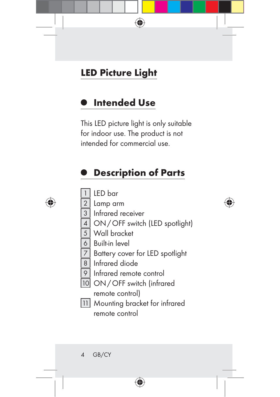 Led picture light intended use, Description of parts | Livarno Z31206A-BS User Manual | Page 4 / 40