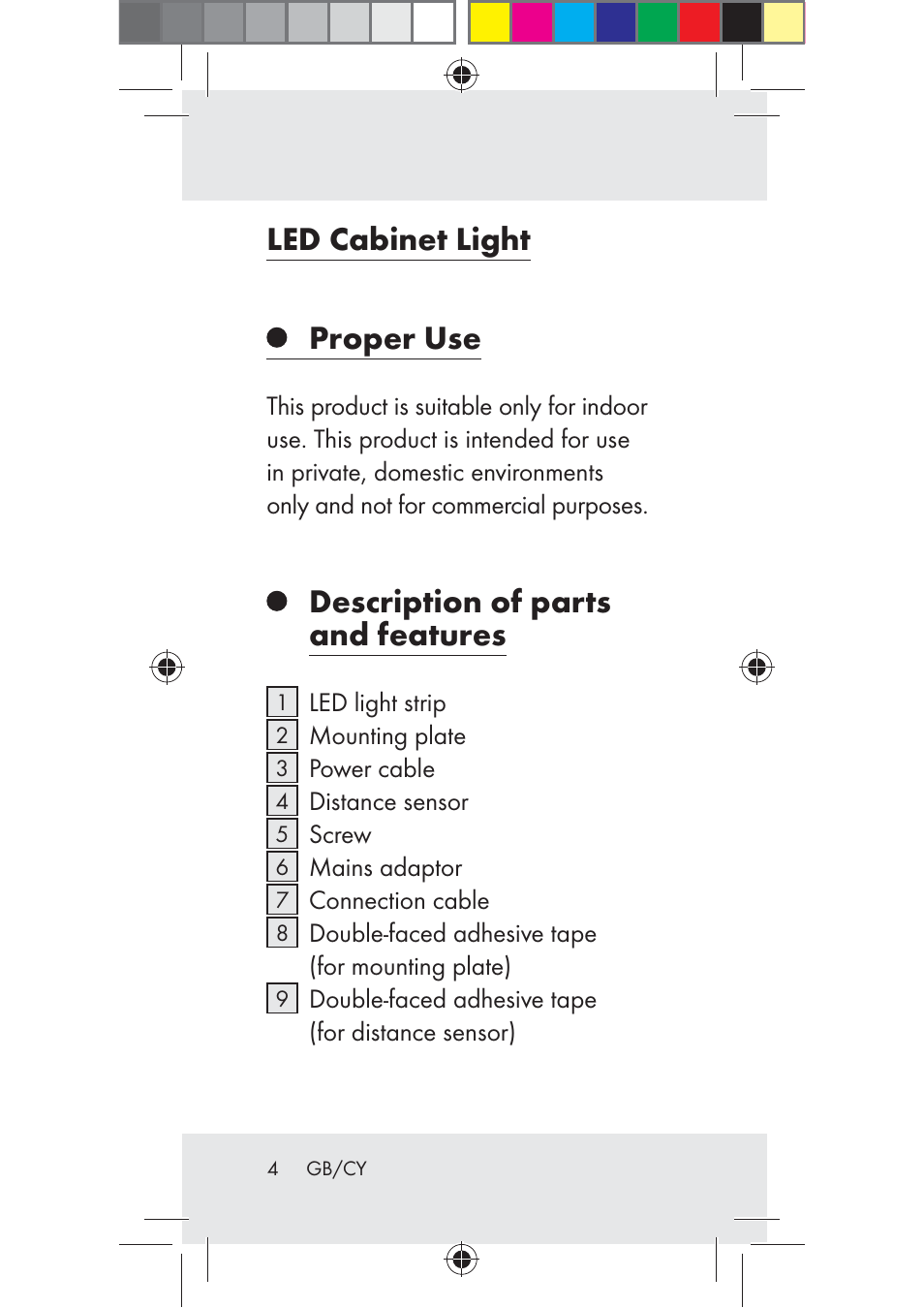 Led cabinet light proper use, Description of parts and features | Livarno Z31206B-BS User Manual | Page 4 / 35