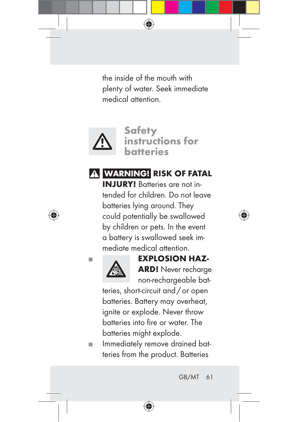 Safety instructions for batteries | Livarno Z31206A-BS User Manual | Page 61 / 89