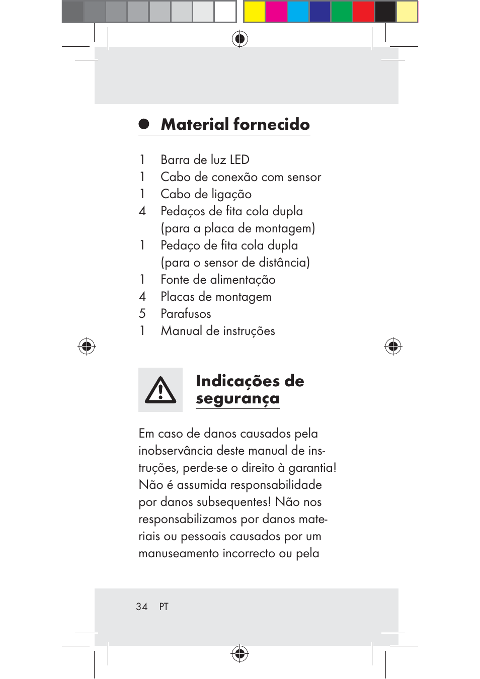 Material fornecido, Indicações de segurança | Livarno Z31206B-BS User Manual | Page 34 / 74