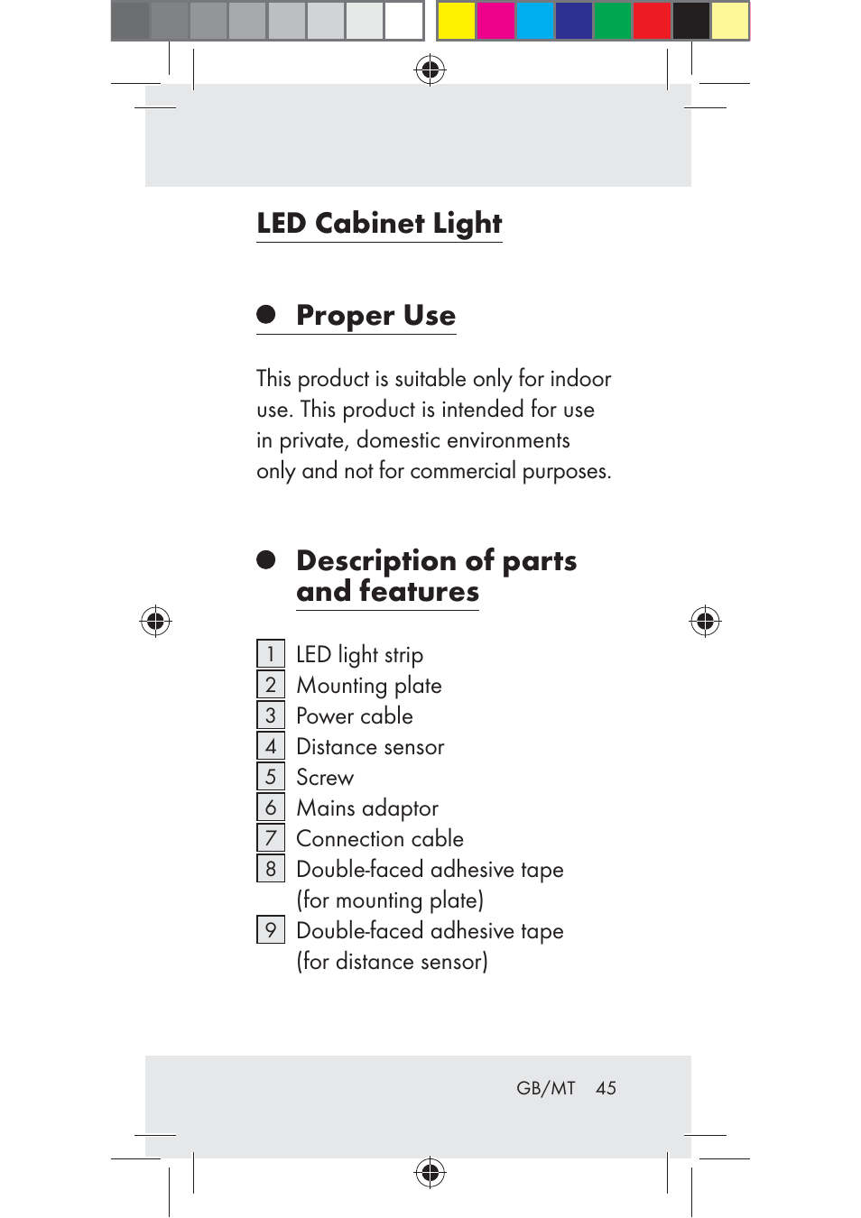 Led cabinet light proper use, Description of parts and features | Livarno Z31206B-BS User Manual | Page 45 / 74