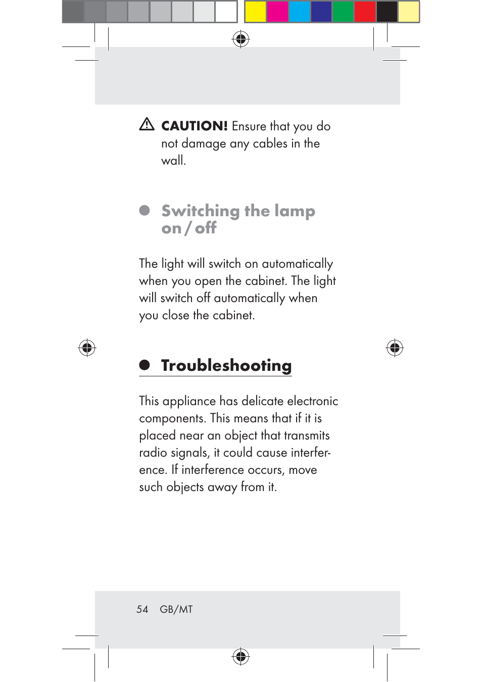 Switching the lamp on / oﬀ, Troubleshooting | Livarno Z31206B-BS User Manual | Page 54 / 74
