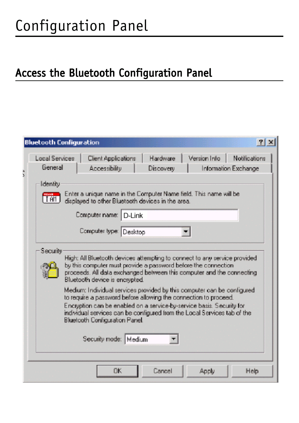 Configuration panel, Access the bluetooth configuration panel | D-Link DBT-120 User Manual | Page 30 / 61