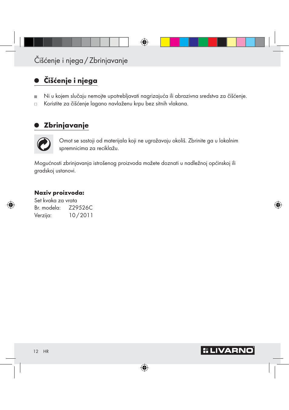 Čišćenje i njega / zbrinjavanje | Livarno Z29526C User Manual | Page 12 / 18