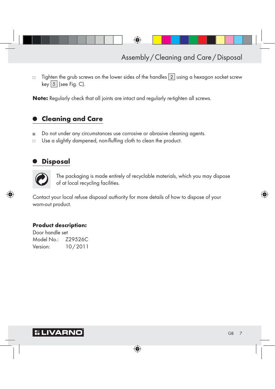 Assembly / cleaning and care / disposal, Cleaning and care, Disposal | Livarno Z29526C User Manual | Page 7 / 18