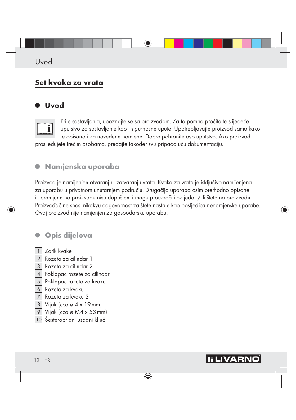 Uvod, Set kvaka za vrata uvod, Namjenska uporaba | Opis dijelova | Livarno Z29526A User Manual | Page 10 / 22