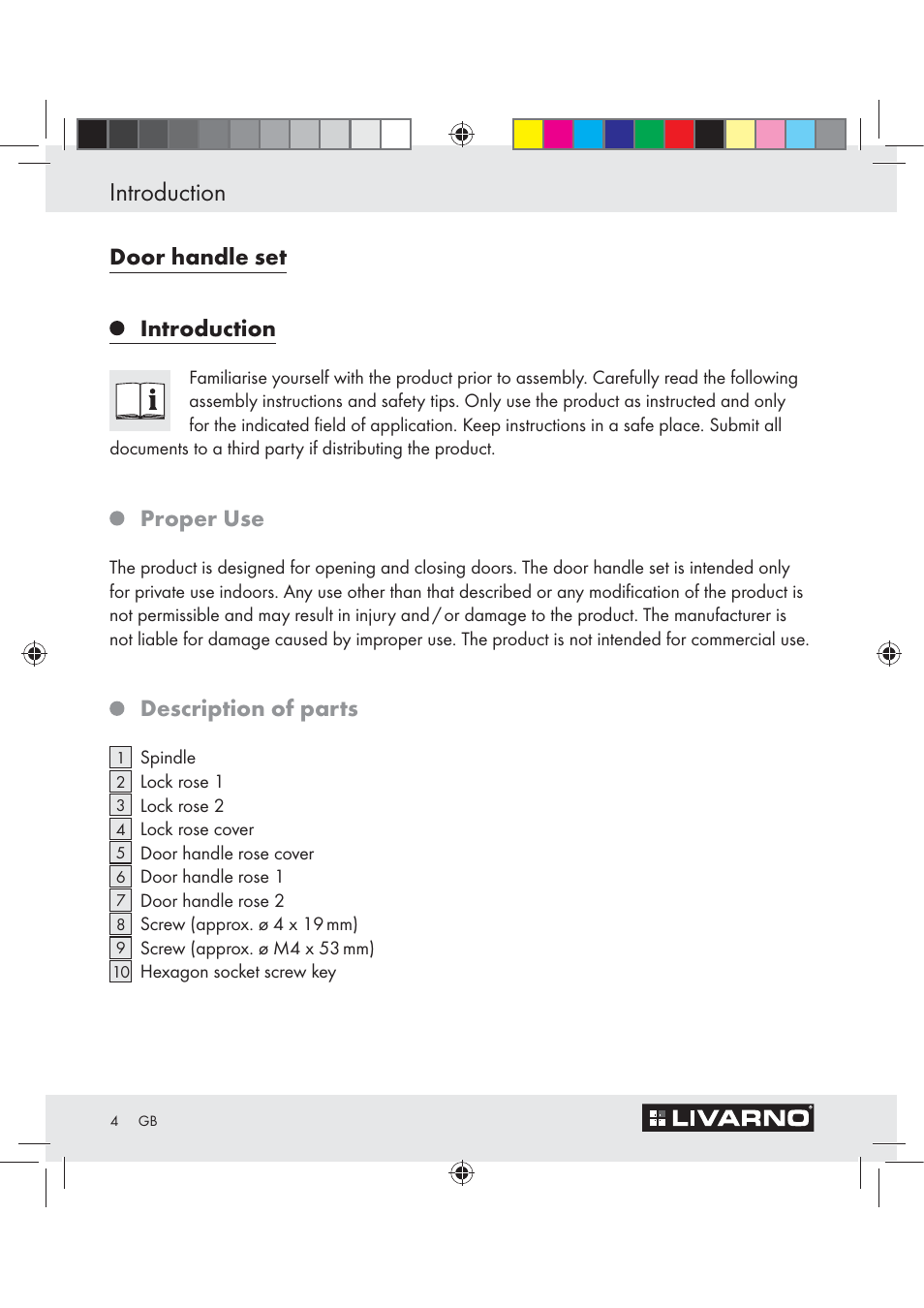 Introduction, Door handle set introduction, Proper use | Description of parts | Livarno Z29526A User Manual | Page 4 / 22