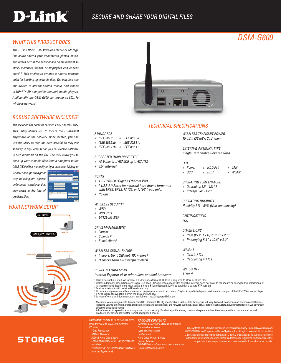 Dsm-g600, Secure and share your digital files, What this product does | Robust software included, Technical specifications, Your network setup | D-Link DSM-G600 User Manual | Page 2 / 2
