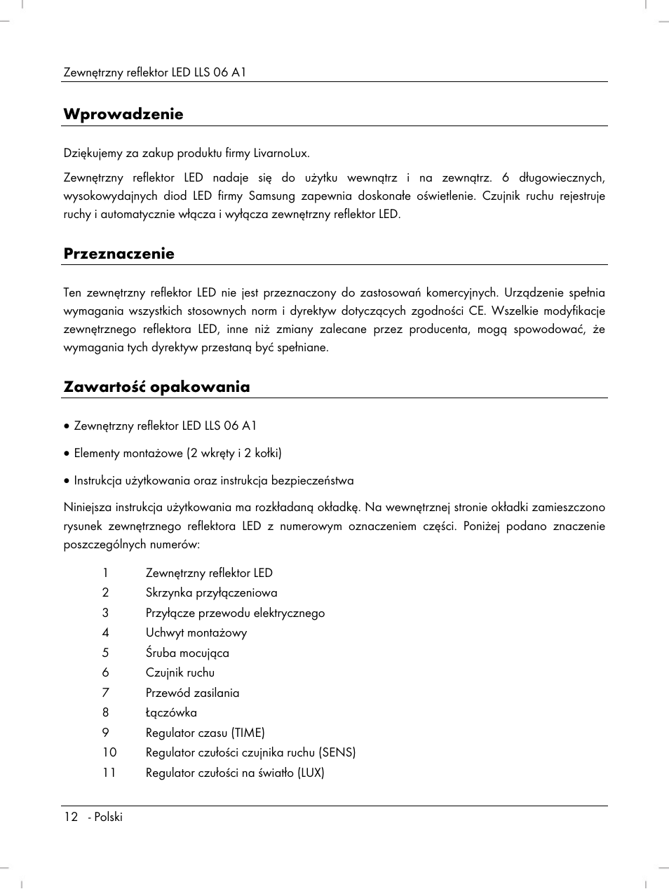 Wprowadzenie, Przeznaczenie, Zawartość opakowania | Livarno LLS 06 A1 User Manual | Page 14 / 40