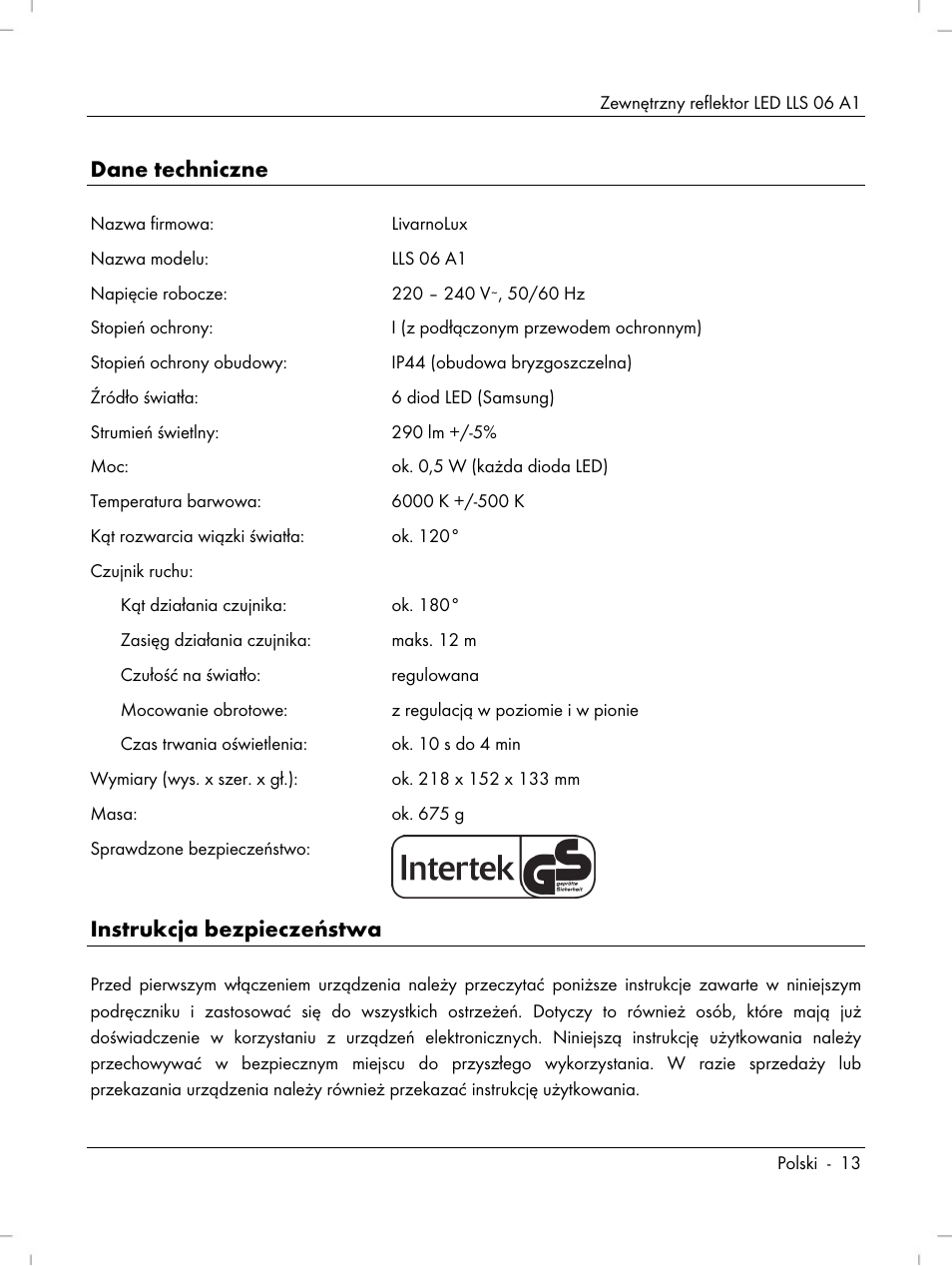 Dane techniczne, Instrukcja bezpieczeństwa | Livarno LLS 06 A1 User Manual | Page 15 / 40