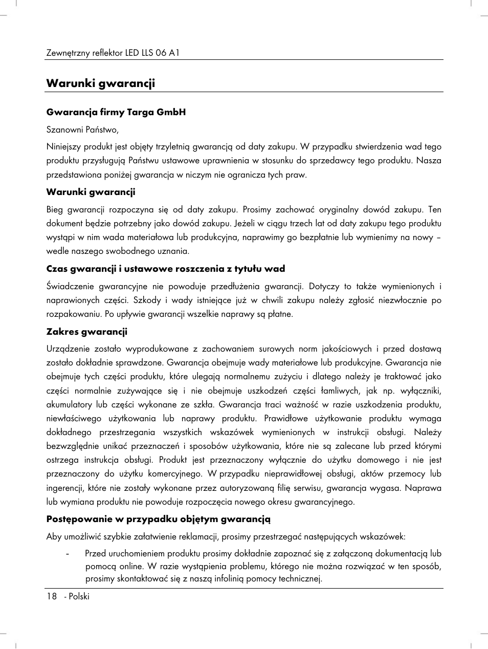 Warunki gwarancji | Livarno LLS 06 A1 User Manual | Page 20 / 40