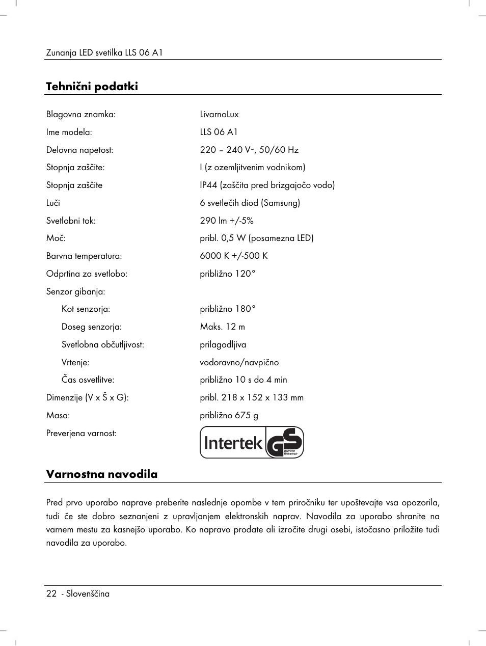 Tehnični podatki, Varnostna navodila | Livarno LLS 06 A1 User Manual | Page 24 / 40