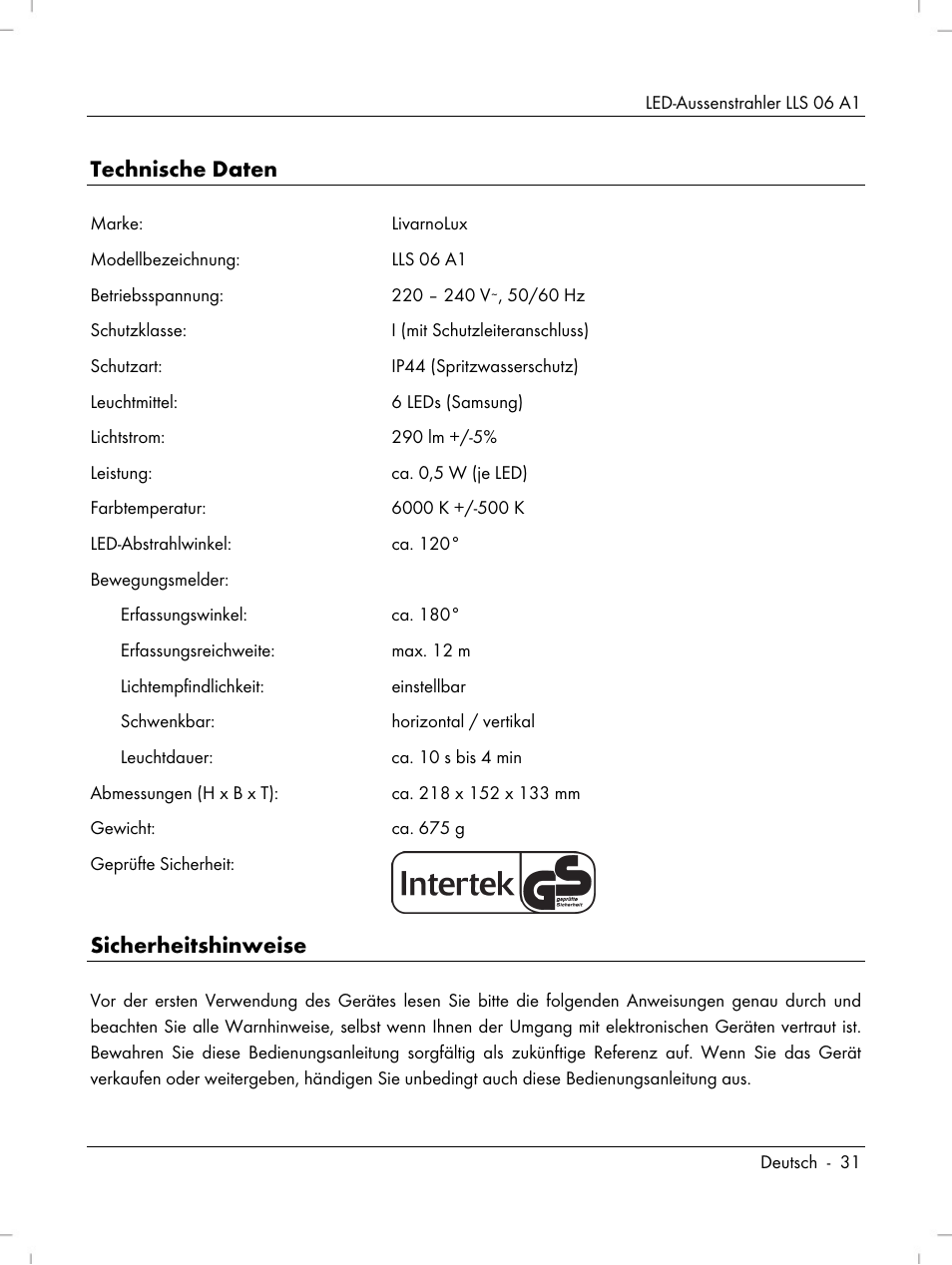 Technische daten, Sicherheitshinweise | Livarno LLS 06 A1 User Manual | Page 33 / 40